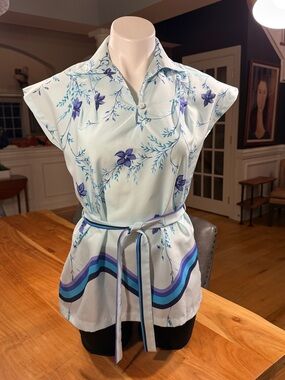 Hilo Hattie Vintage Y2K Resort Satin Blouse Blue/Purple Floral Belted Top S